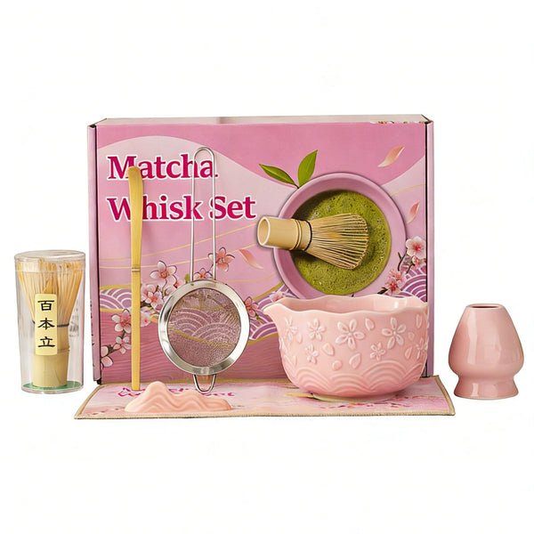 Pink Cherry Blossom Ceramic Matcha Set | Matcha Bowl, Bamboo Whisk, Sifter & Whisk Holder for Traditional Tea Ceremony