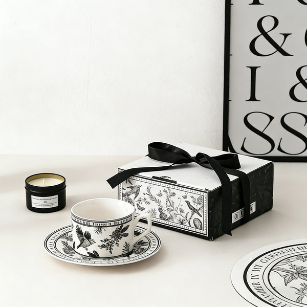 Vintage Floral & Bird Ceramic Coffee Cup and Saucer Set | Retro Aesthetic Tea Cup with Gift Box