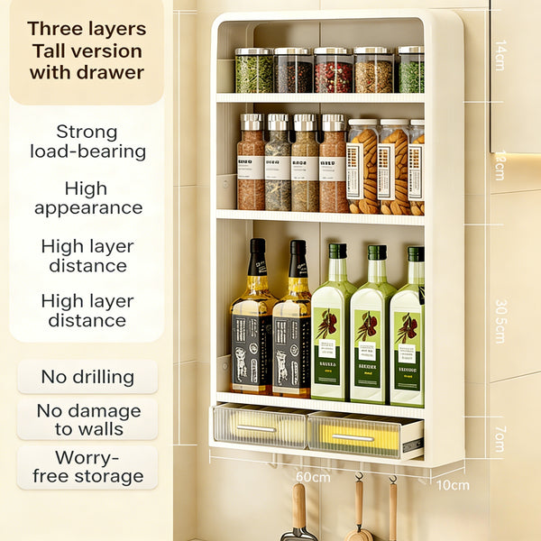 No-Drill Wall-Mounted Spice Rack Organizer with Drawers & Hooks | 3-Tier Large Capacity Kitchen Storage Shelf