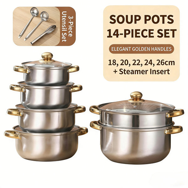 14 Piece Stainless Steel Cookware Set With Steamer And Utensils Golden Handles Induction Compatible For Soup Steaming And Daily Cooking Perfect For Home Cooking And Gifting