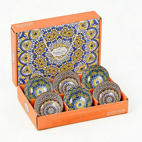 Bohemian Ceramic Bowl Set of 6 | Vintage Exotic Pattern Dinner Bowls with Gift Box | Microwave & Dishwasher Safe