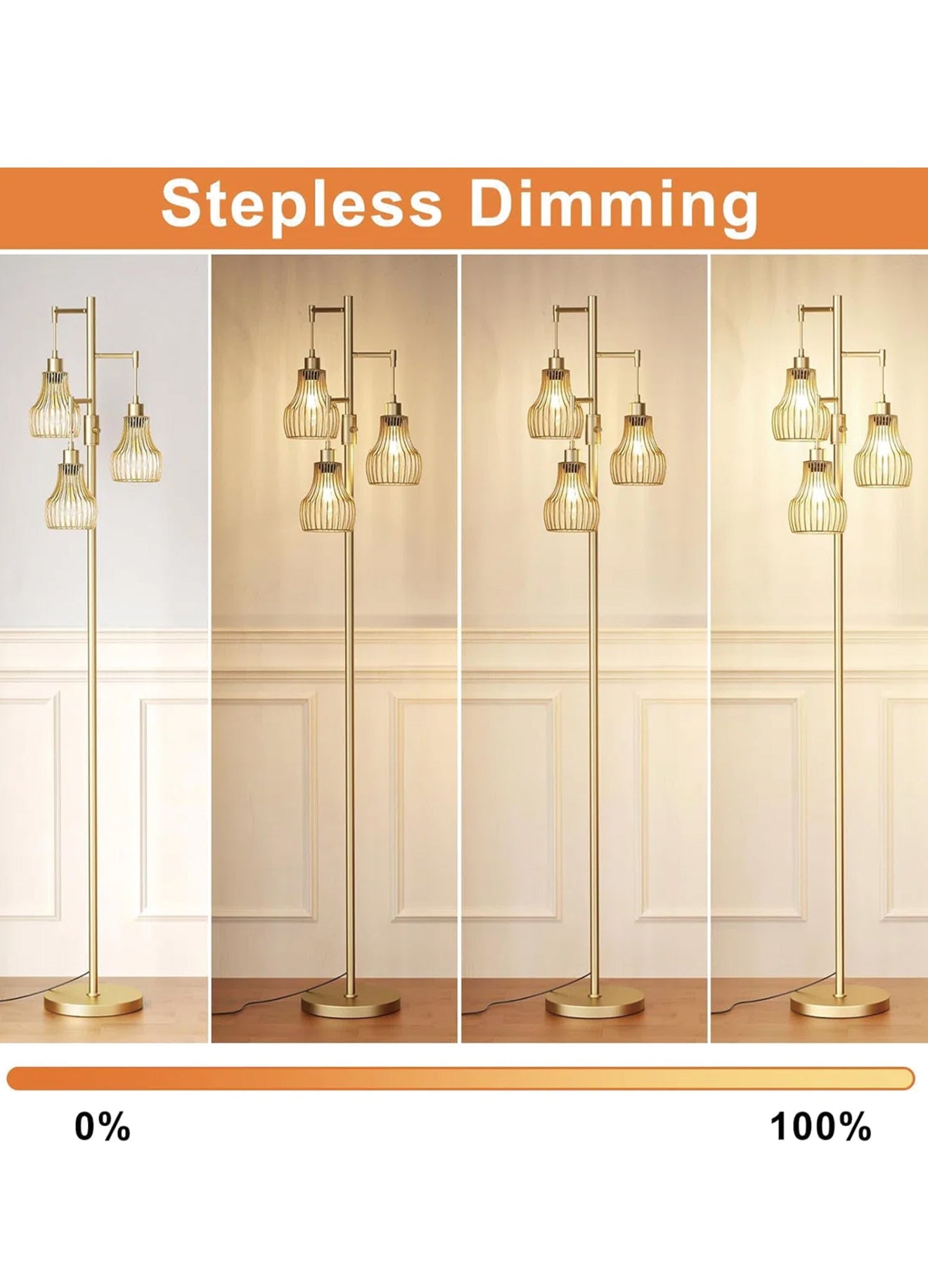 70 Inch Gold Industrial Floor Lamp 3 Light Stepless Dimmable Tree Standing Lamp With 3 LED Bulbs Modern Tall Pole Light For Living Room Bedroom Office Farmhouse Decor