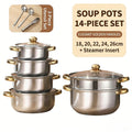 14 Piece Stainless Steel Cookware Set With Steamer And Utensils Golden Handles Induction Compatible For Soup Steaming And Daily Cooking Perfect For Home Cooking And Gifting