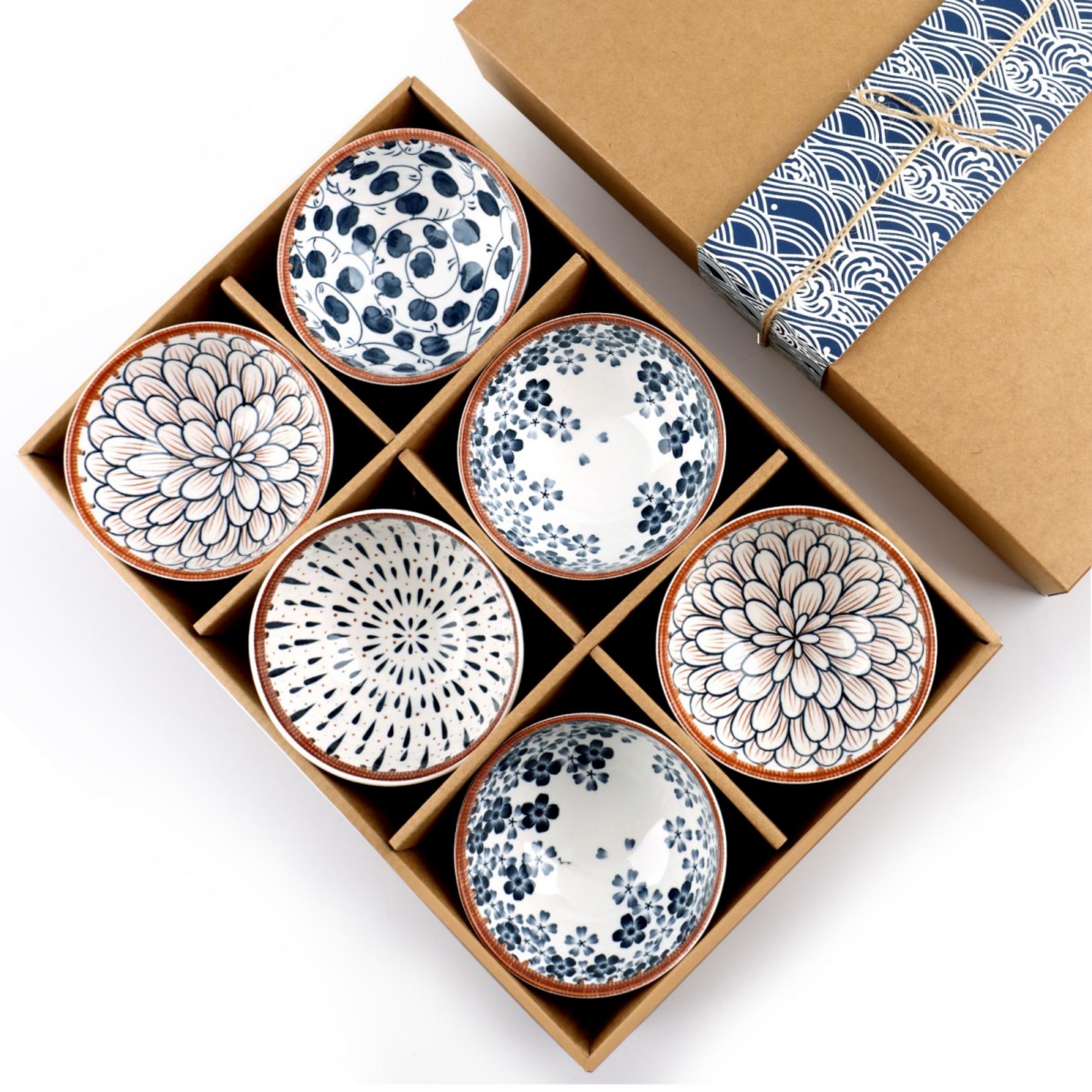 6 Piece Japanese Style Ceramic Bowls Set With Hand Painted Underglaze Patterns Non Slip Base Microwave And Dishwasher Safe For Home Use White Patterns Microwave Safe For Kitchen And Dining