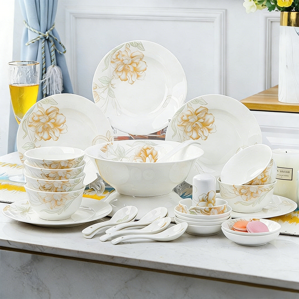 28-Piece Ceramic Dinnerware Set | Elegant Floral Pattern Tableware Serves 6 | Microwave & Dishwasher Safe