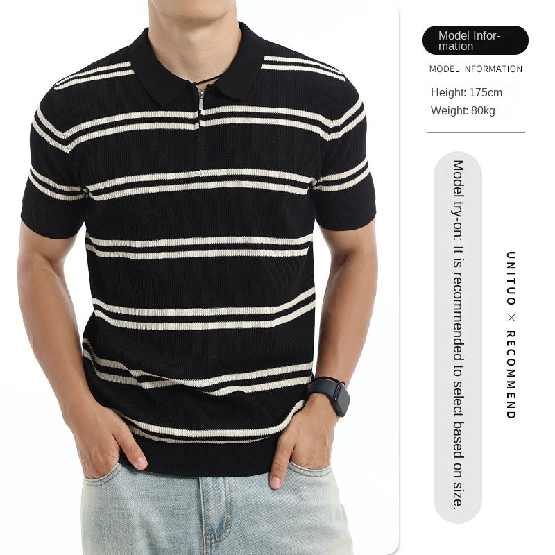 Ice silk striped Polo shirt for men pitted texture short-sleeved knitted