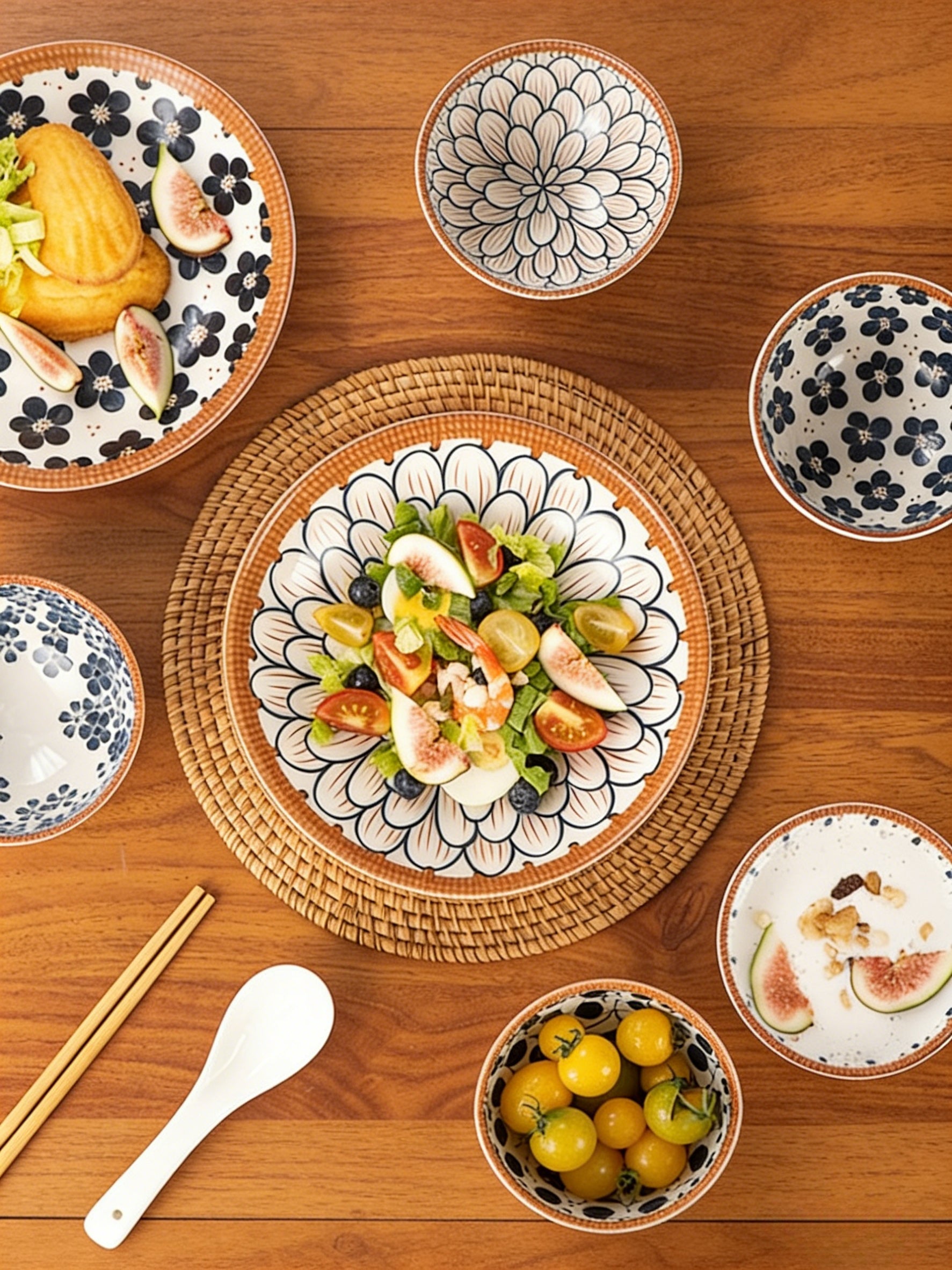 6 Piece Japanese Style Ceramic Bowls Set With Hand Painted Underglaze Patterns Non Slip Base Microwave And Dishwasher Safe For Home Use White Patterns Microwave Safe For Kitchen And Dining