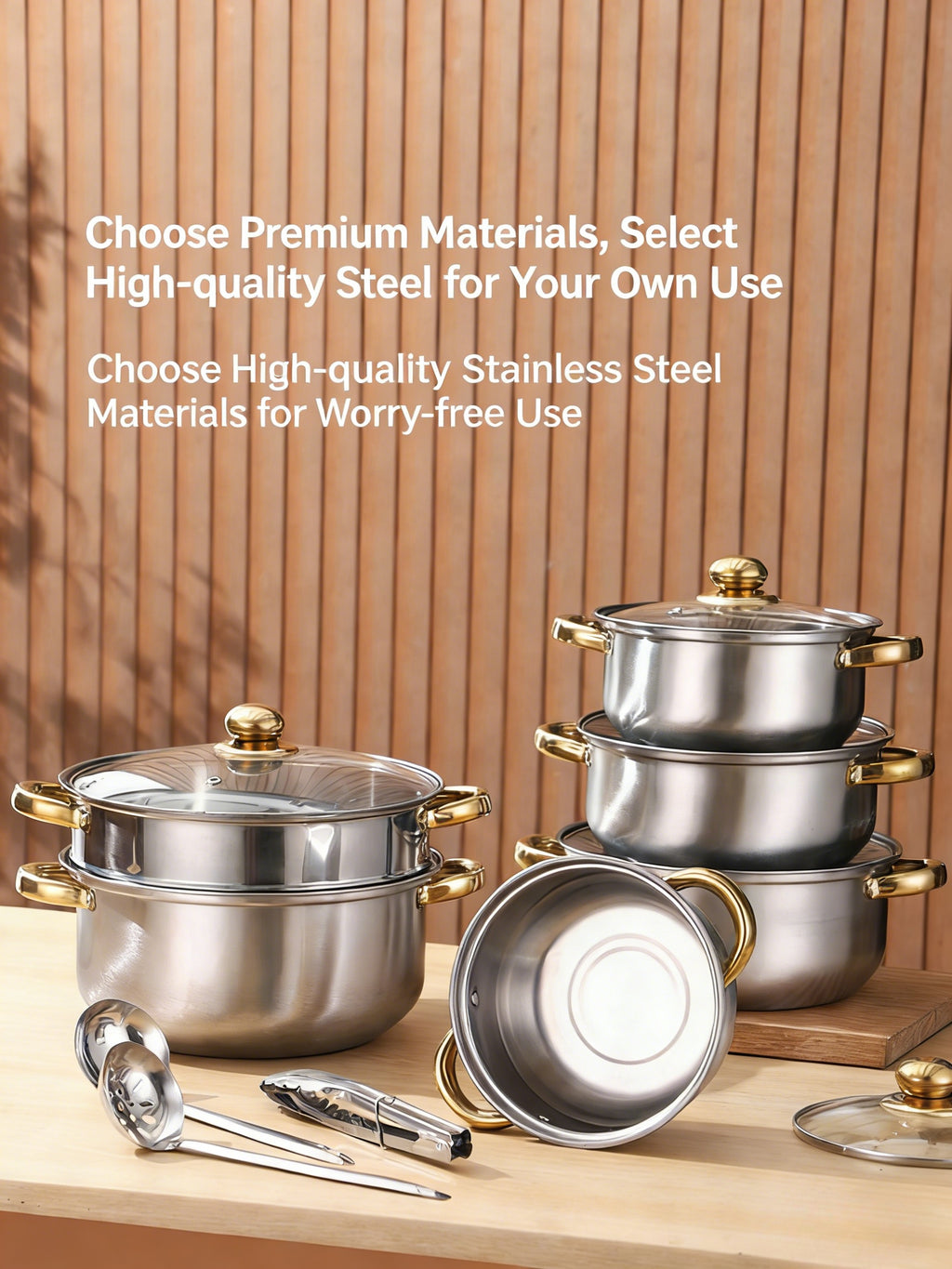 14 Piece Stainless Steel Cookware Set With Steamer And Utensils Golden Handles Induction Compatible For Soup Steaming And Daily Cooking Perfect For Home Cooking And Gifting