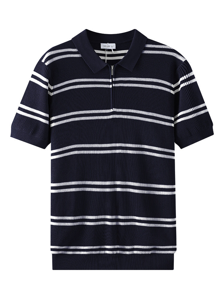 Ice silk striped Polo shirt for men pitted texture short-sleeved knitted