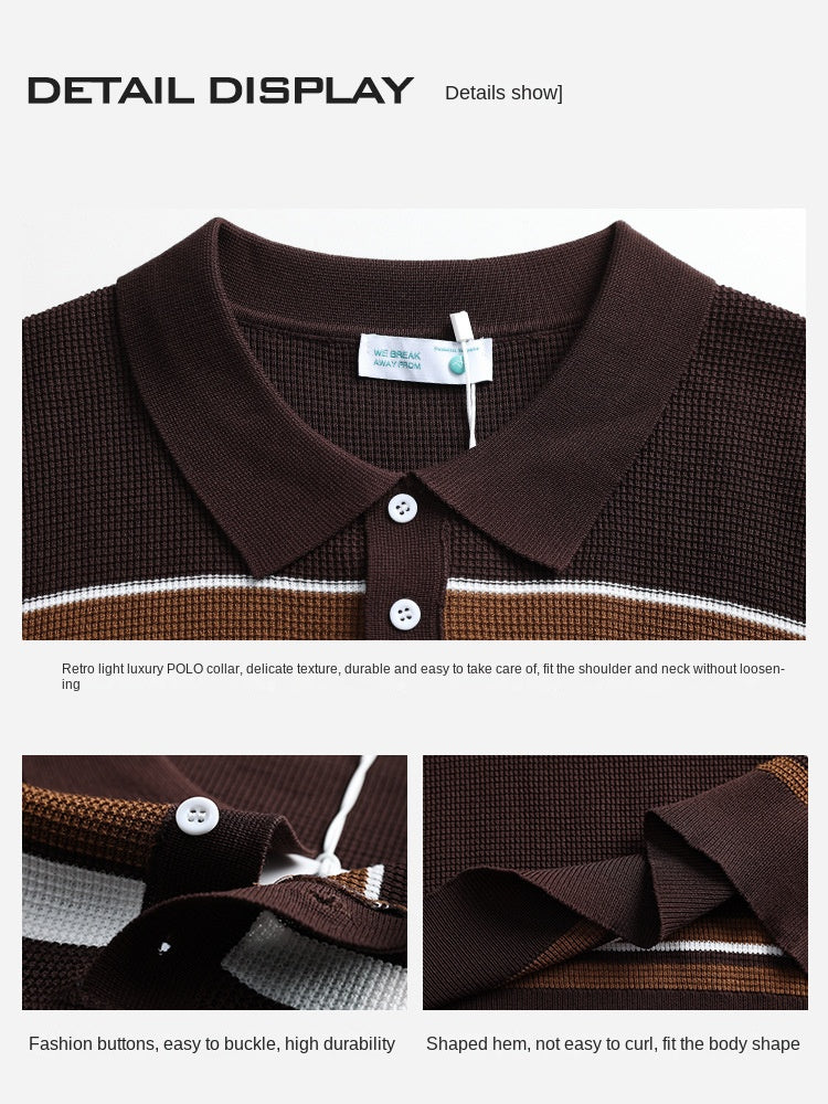 Men's Waffle Striped Ice Silk Polo Shirt Lapel Short Sleeve Knitted