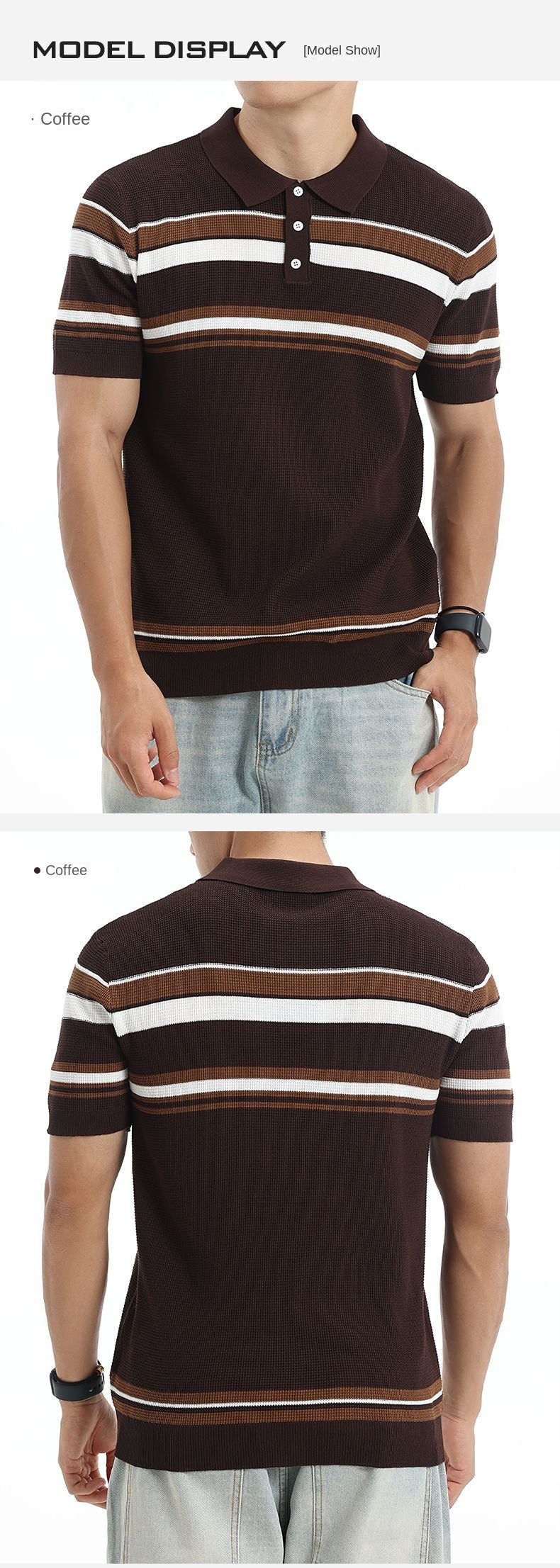 Men's Waffle Striped Ice Silk Polo Shirt Lapel Short Sleeve Knitted
