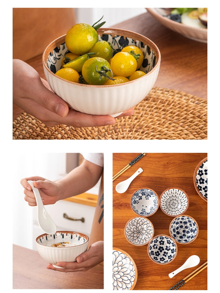 6 Piece Japanese Style Ceramic Bowls Set With Hand Painted Underglaze Patterns Non Slip Base Microwave And Dishwasher Safe For Home Use White Patterns Microwave Safe For Kitchen And Dining