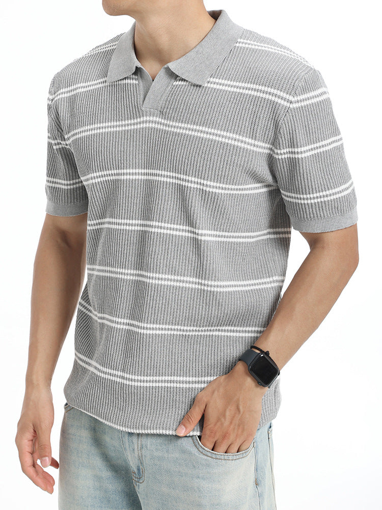 Summer Lapel Striped Ice Silk Polo Shirt Short Sleeve Knitted Men's Wear