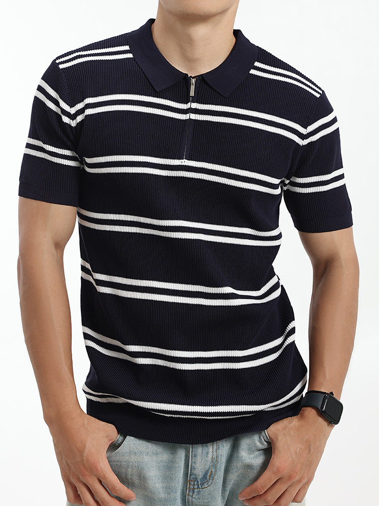 Ice silk striped Polo shirt for men pitted texture short-sleeved knitted