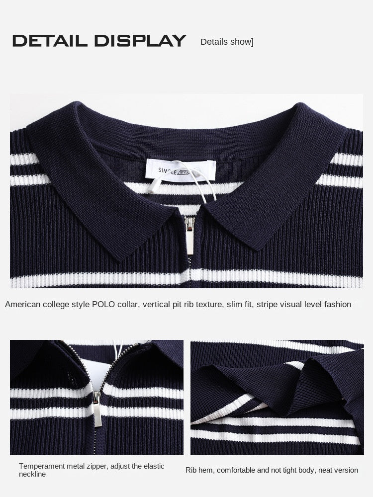 Ice silk striped Polo shirt for men pitted texture short-sleeved knitted