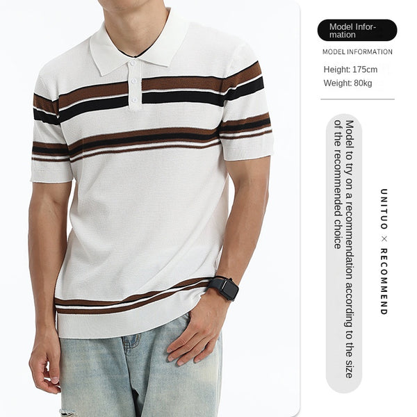 Men's Waffle Striped Ice Silk Polo Shirt Lapel Short Sleeve Knitted