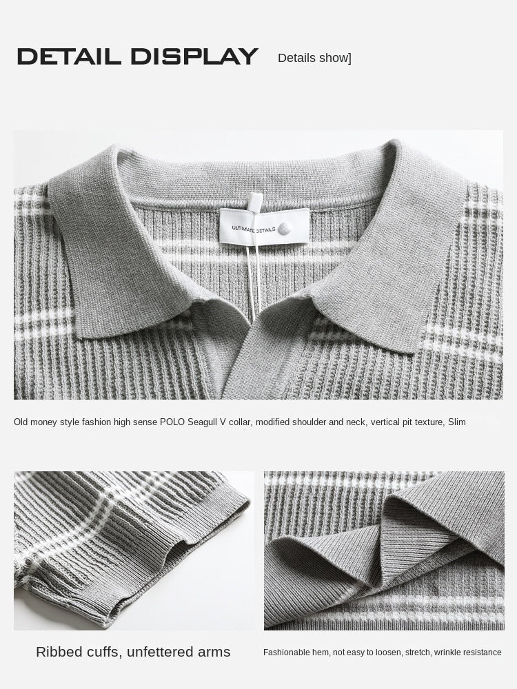 Summer Lapel Striped Ice Silk Polo Shirt Short Sleeve Knitted Men's Wear