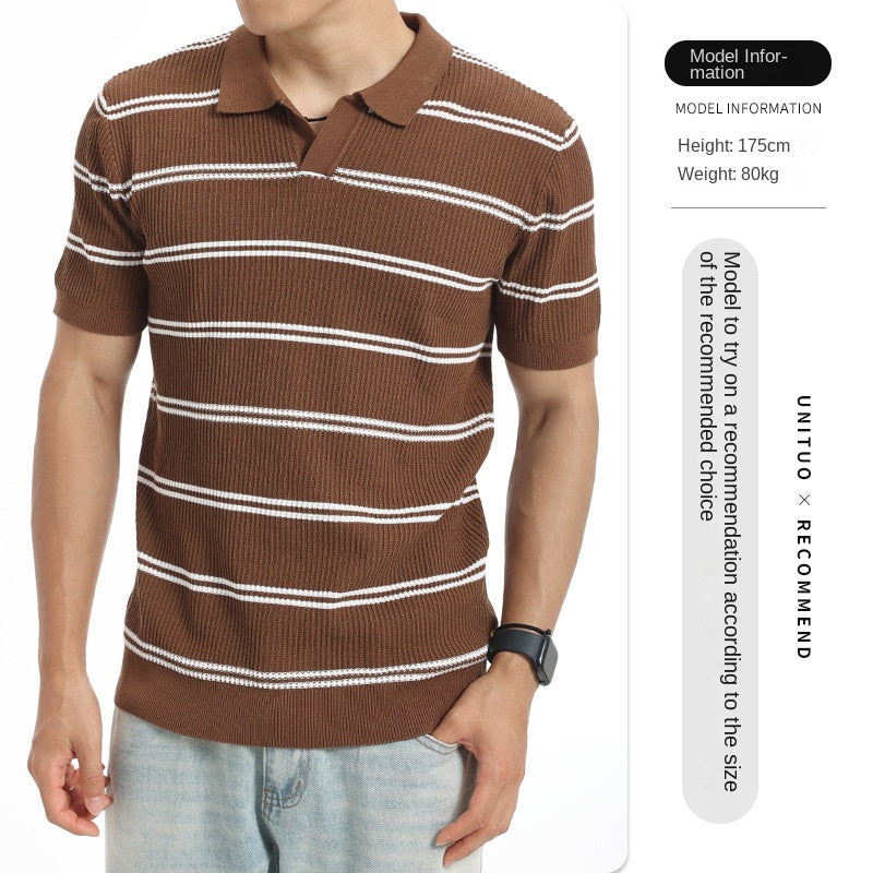 Summer Lapel Striped Ice Silk Polo Shirt Short Sleeve Knitted Men's Wear