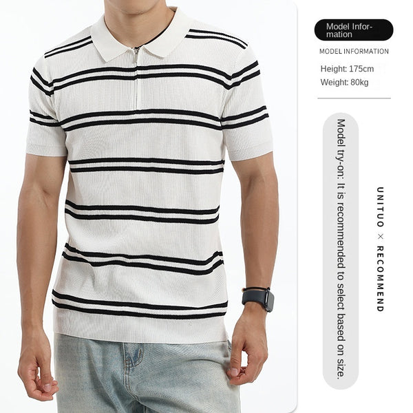 Ice silk striped Polo shirt for men pitted texture short-sleeved knitted
