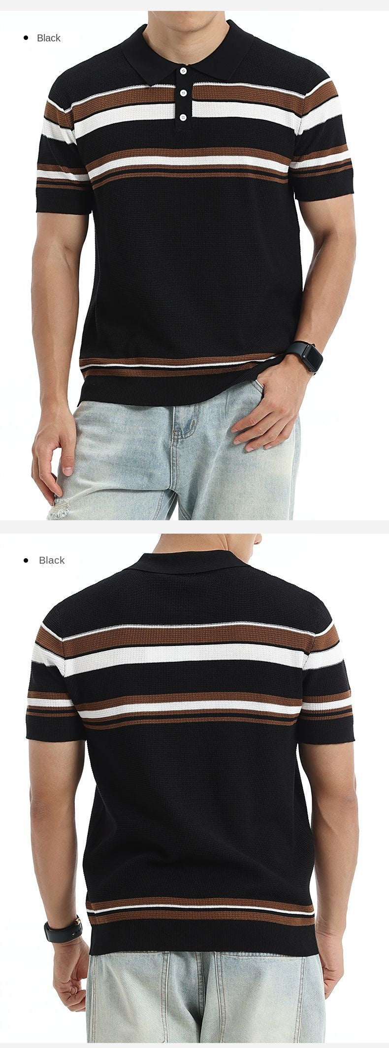 Men's Waffle Striped Ice Silk Polo Shirt Lapel Short Sleeve Knitted