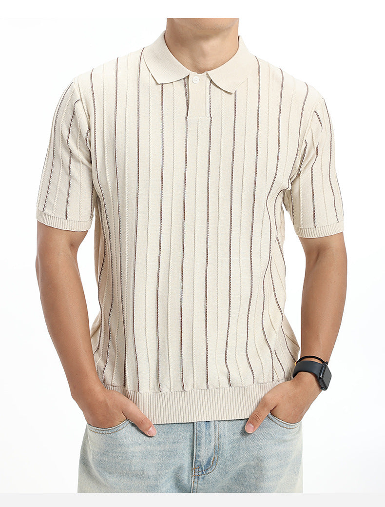 Men's ice silk Polo shirt pitted texture striped short-sleeved knitted T-shirt