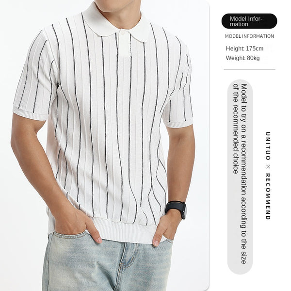 Men's ice silk Polo shirt pitted texture striped short-sleeved knitted T-shirt