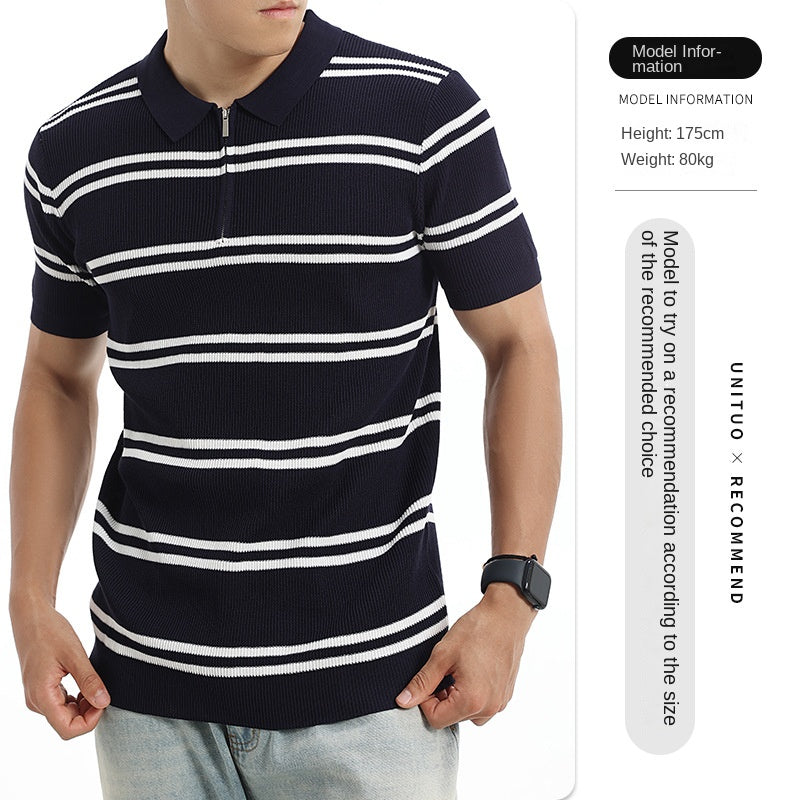 Ice silk striped Polo shirt for men pitted texture short-sleeved knitted