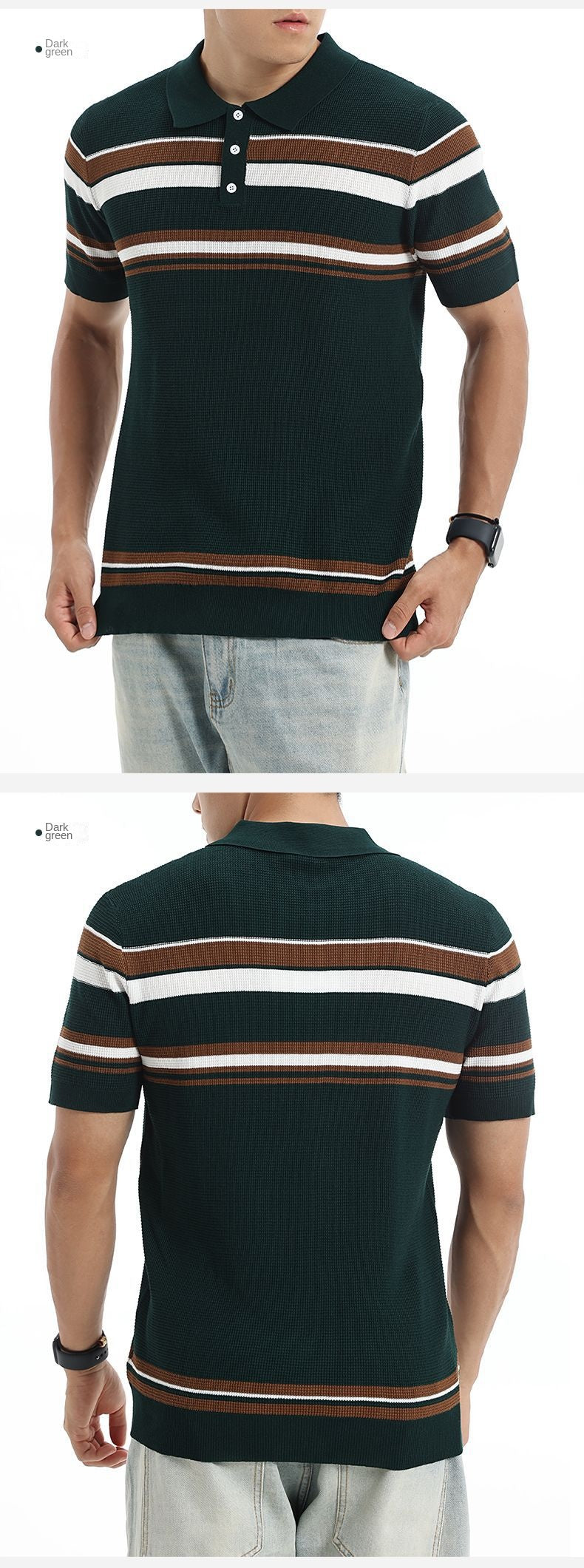 Men's Waffle Striped Ice Silk Polo Shirt Lapel Short Sleeve Knitted