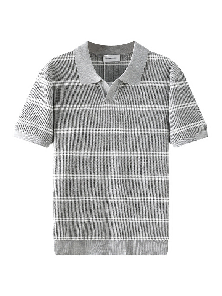 Summer Lapel Striped Ice Silk Polo Shirt Short Sleeve Knitted Men's Wear