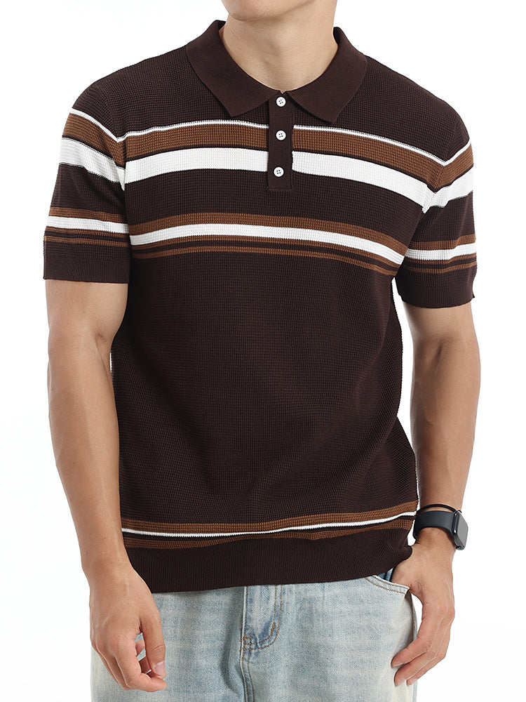 Men's Waffle Striped Ice Silk Polo Shirt Lapel Short Sleeve Knitted