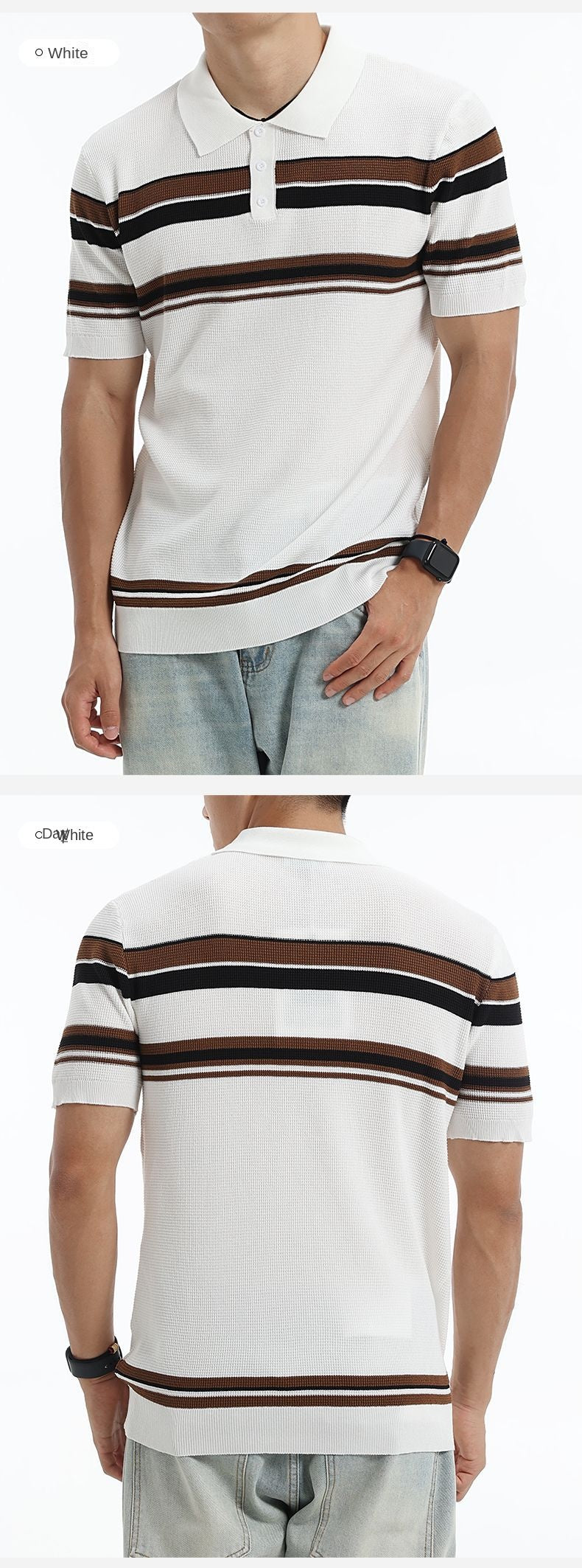 Men's Waffle Striped Ice Silk Polo Shirt Lapel Short Sleeve Knitted