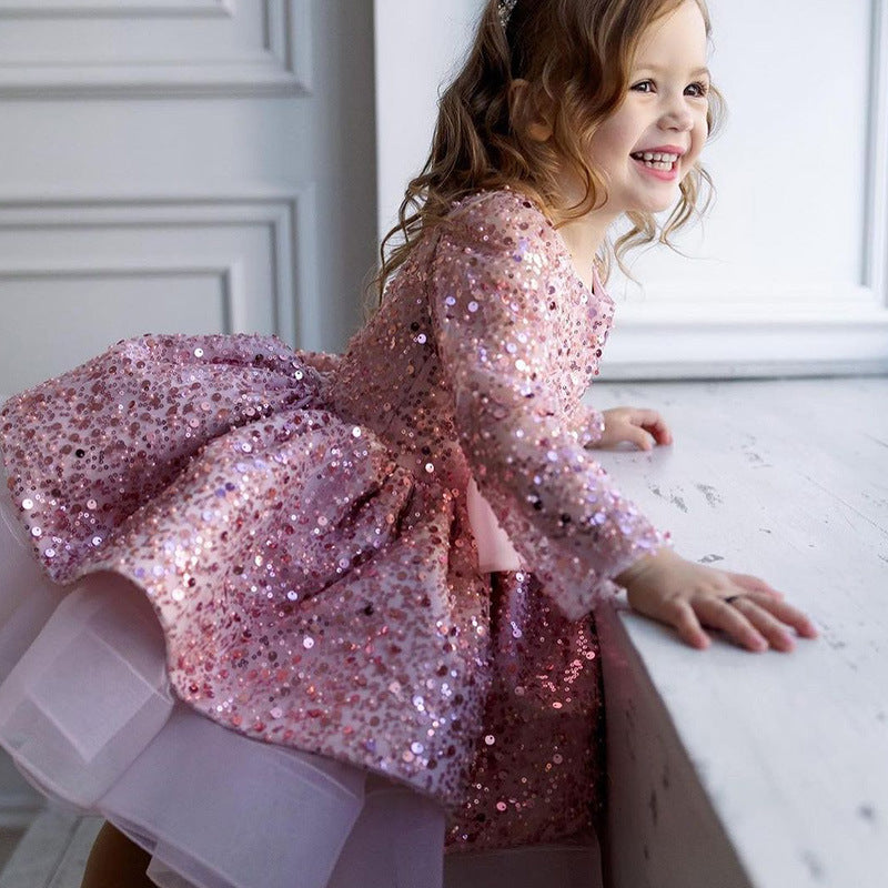 Girls sequin big bow princess skirt dress