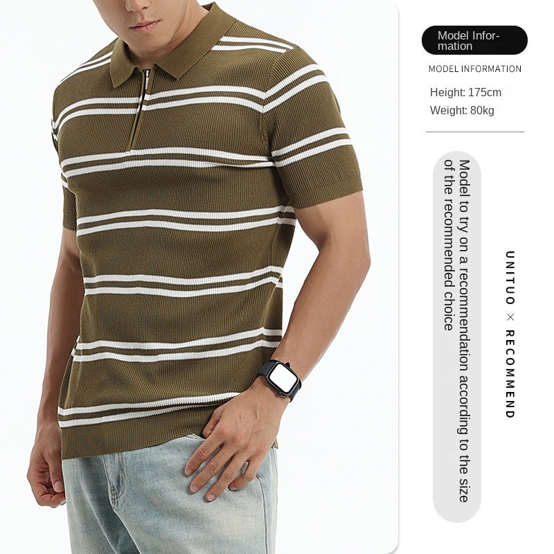 Ice silk striped Polo shirt for men pitted texture short-sleeved knitted