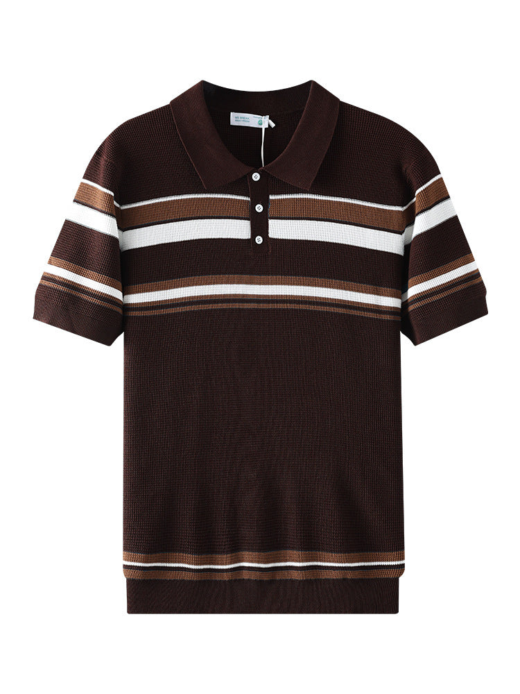 Men's Waffle Striped Ice Silk Polo Shirt Lapel Short Sleeve Knitted