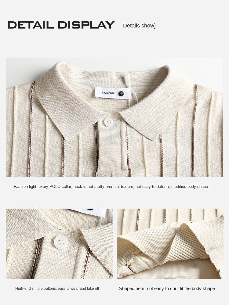 Men's ice silk Polo shirt pitted texture striped short-sleeved knitted T-shirt